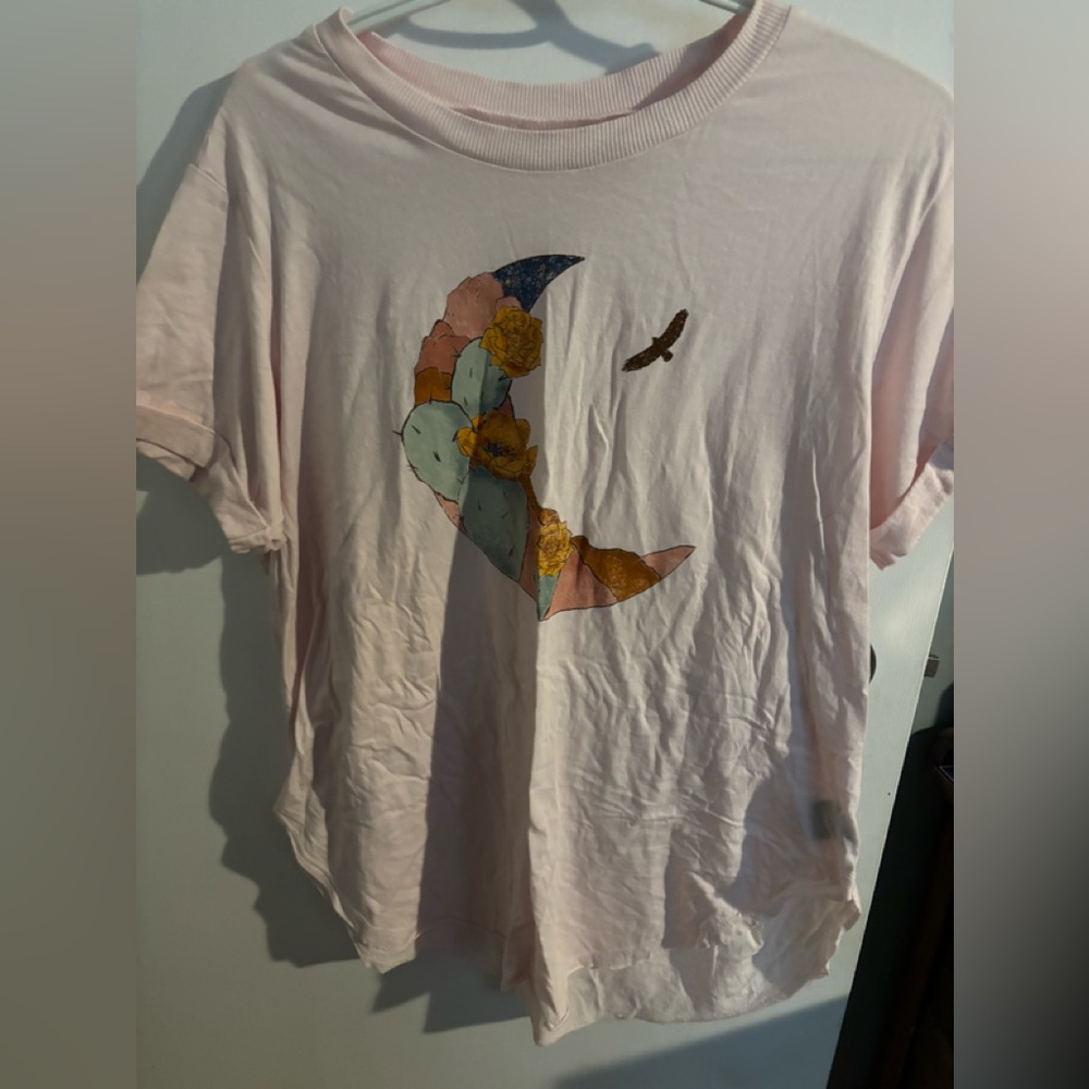 Pink T-Shirt with Moon and Bird Design